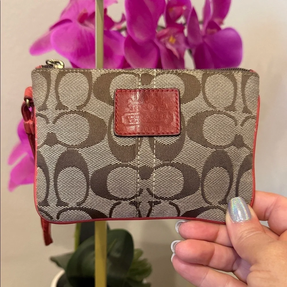 Coach Brown Red Wristlet orange bleeker signature style clutch coin purse